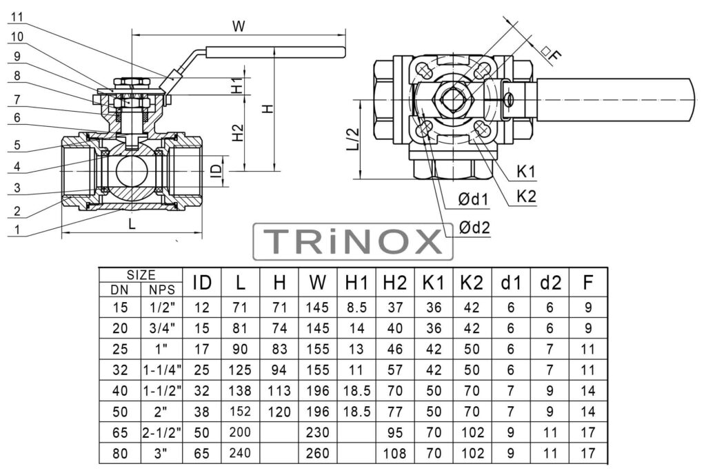 Таблица с размерами: кран трех-ходовой нержавеющий