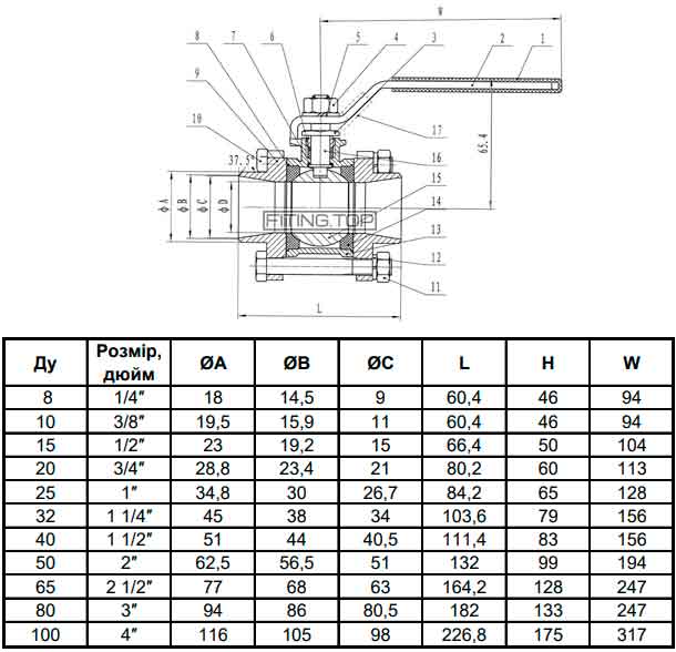 Кран нержавіючий кульовий розбірний приварний AISI 304