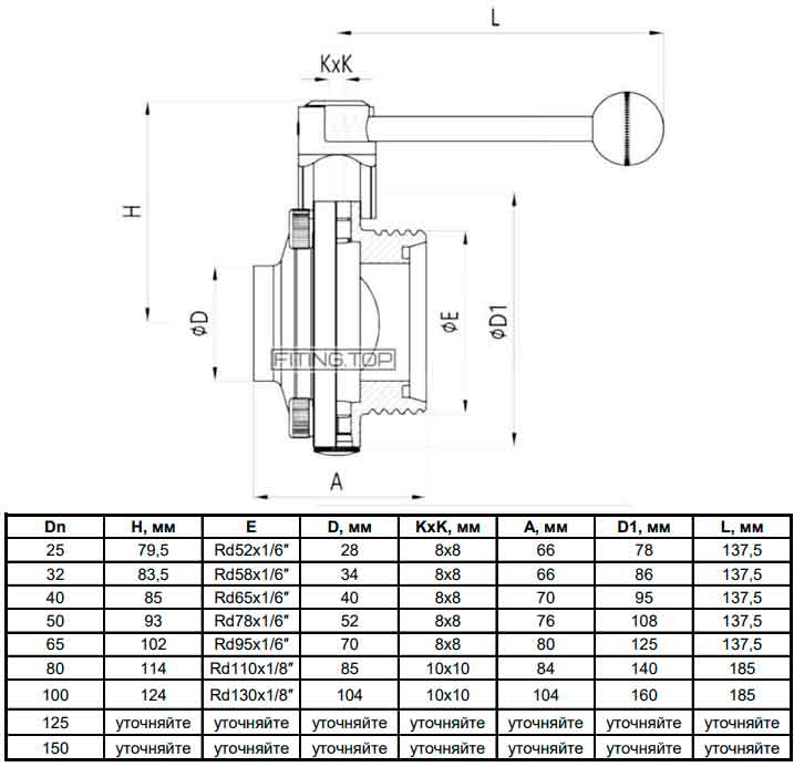 Затвор дисковый нержавеющий резьба-сварка AISI304 DIN 11850