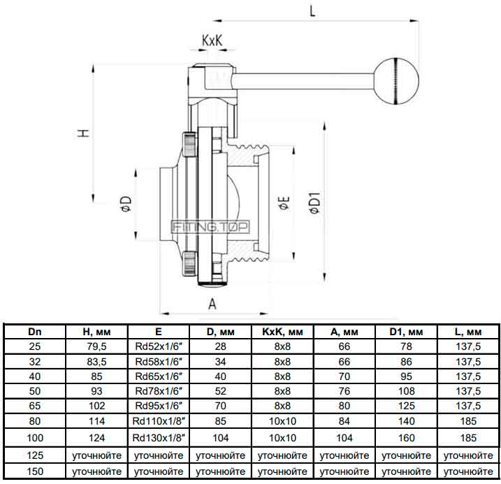 Затвор дисковий нержавіючий різьба-зварка AISI304 DIN 11850