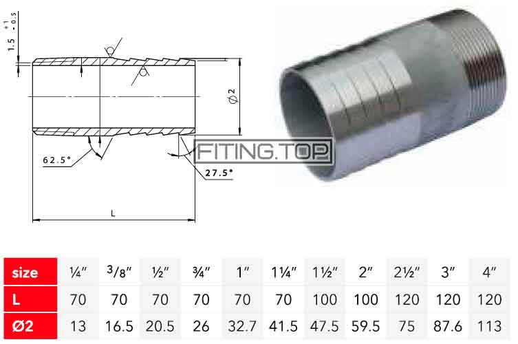 купить Штуцер шланговый нержавеющий с наружной резьбой без шестигранника купить Штуцер шланговый нержавеющий с наружной резьбой без шестигранника