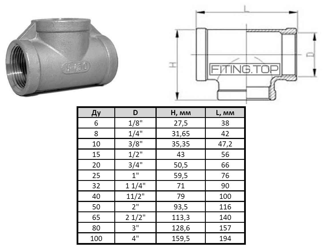 Купить тройник резьбовой нержавеющий Dn 40 (1 1/2") AISI304