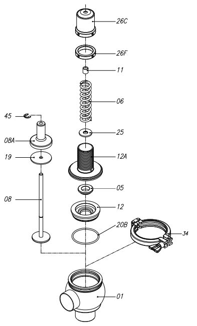 Клапан предохранительный нержавеющий AISI 316 L без рукоятки, давление 0-6 bar